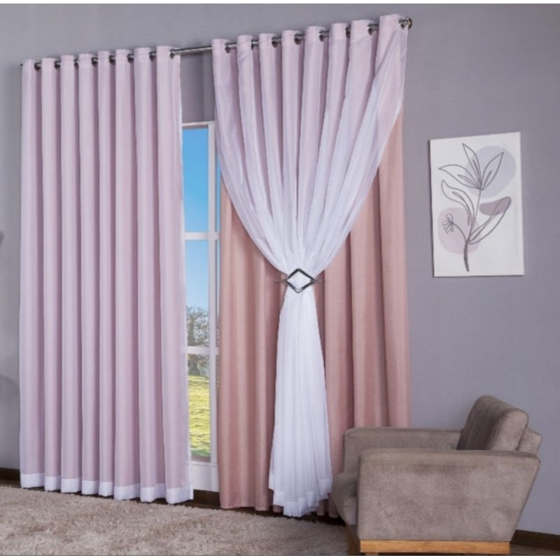 Cortina Quarto ou Sala 3,00X2,30 Forro Microfibra/Voil Ilhós cromado 28mm