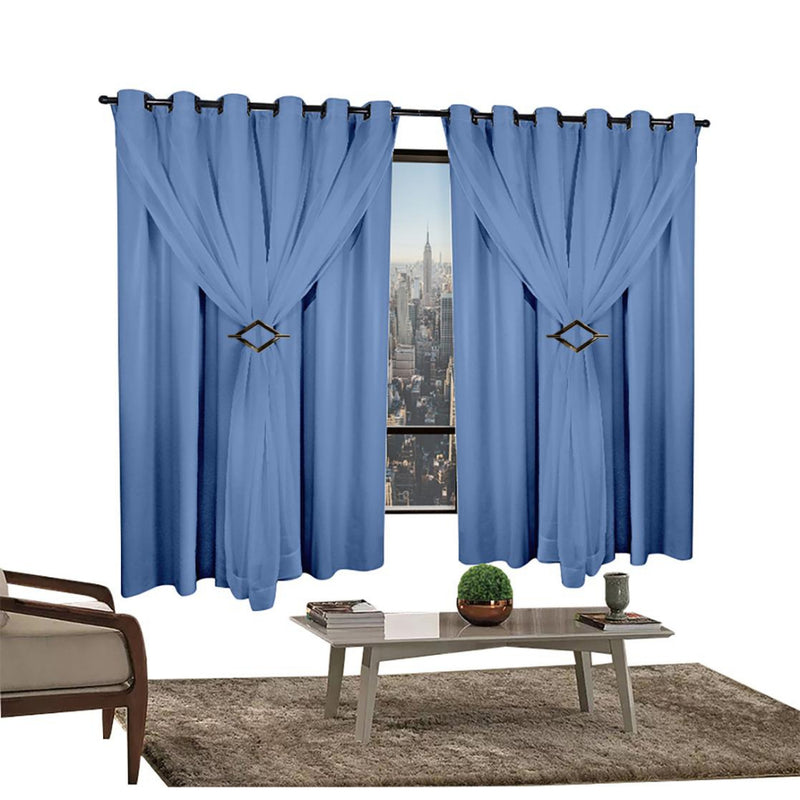 Cortina Corta Luz 2,00m X 1,60m 100% Blackout Com Voil Azul Para Sala Ou Quarto Varão Simples