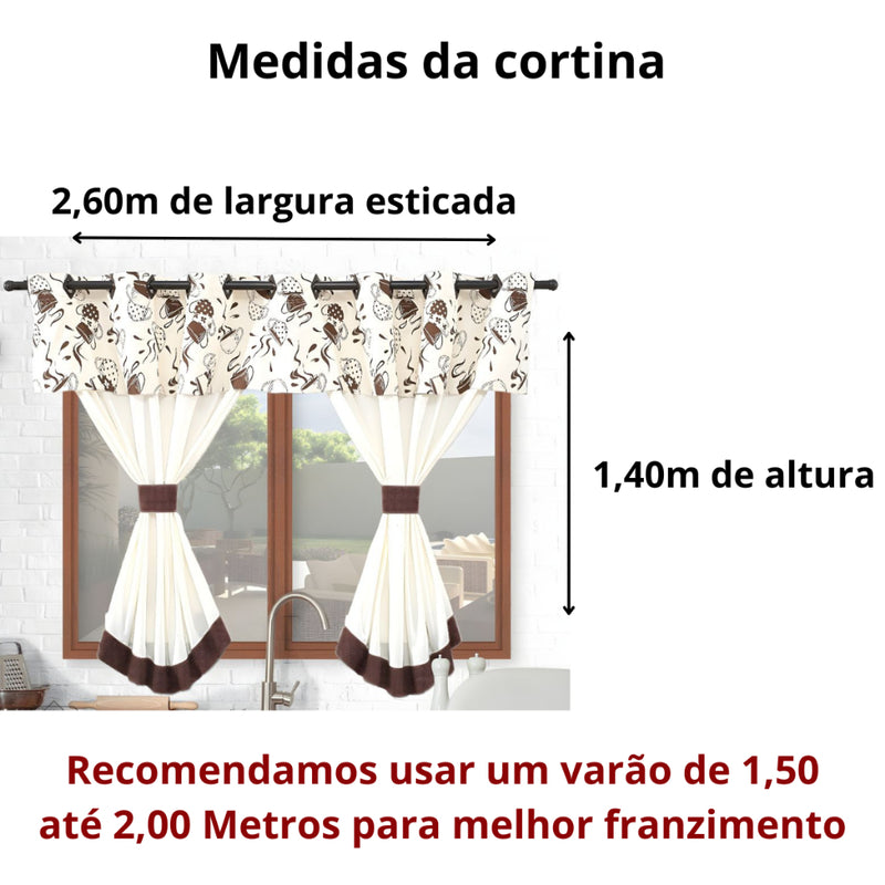 Cortina De Cozinha / gourmet e Copa  2,60m X 1,40m Para Varão Simples bege / Marrom