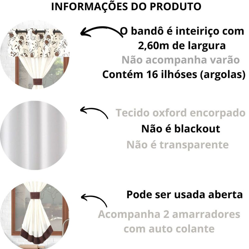Cortina De Cozinha / gourmet e Copa  2,60m X 1,40m Para Varão Simples bege / Marrom