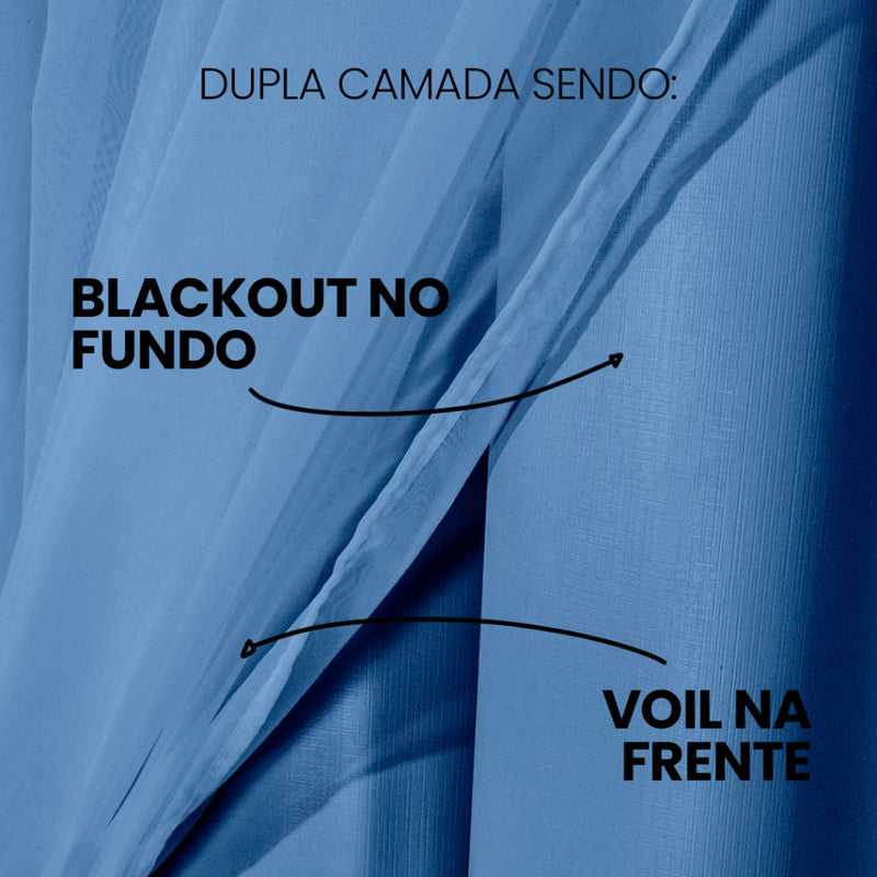 Cortina Corta Luz 2,00m X 1,60m 100% Blackout Com Voil Azul Para Sala Ou Quarto Varão Simples