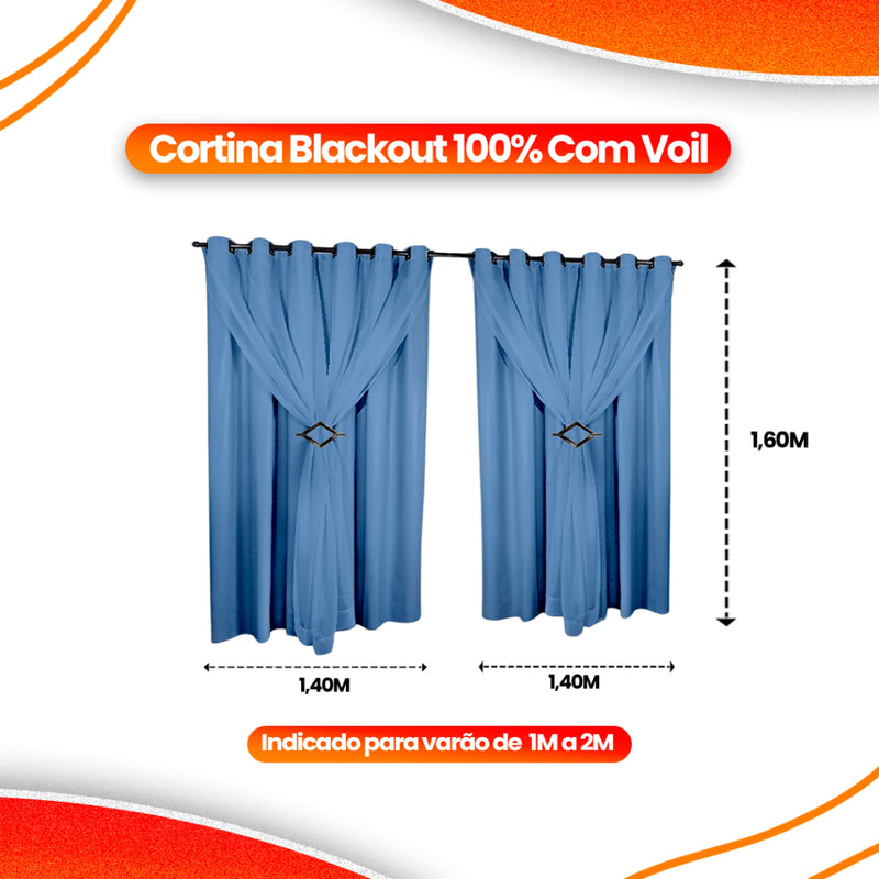 Cortina Corta Luz 2,00m X 1,60m 100% Blackout Com Voil Azul Para Sala Ou Quarto Varão Simples