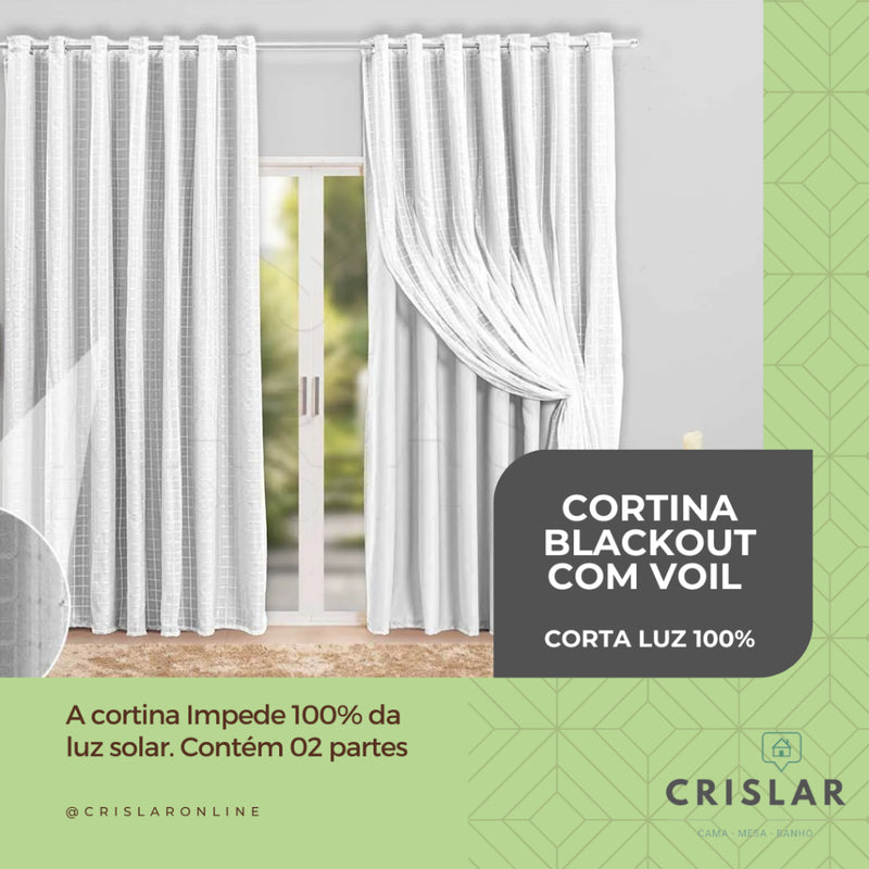 Cortina Blackout PVC com Voil 100% Corta Luz | Elegante p/ Sala ou Quarto.