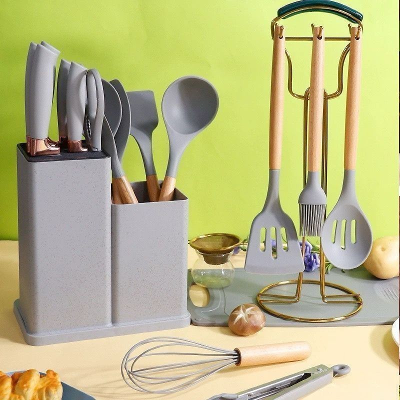 Kit Completo Jogo Utensílios de Cozinha Luxo 19 Peças Com Tábua em Silicone Espátula Faca Tesoura